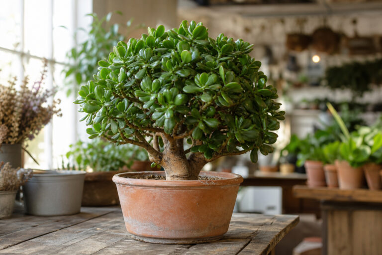 A mature jade plant with thick glossy oval leaves and a stout woody trunk in a wide terra cotta pot on a sunlit florist's workbench