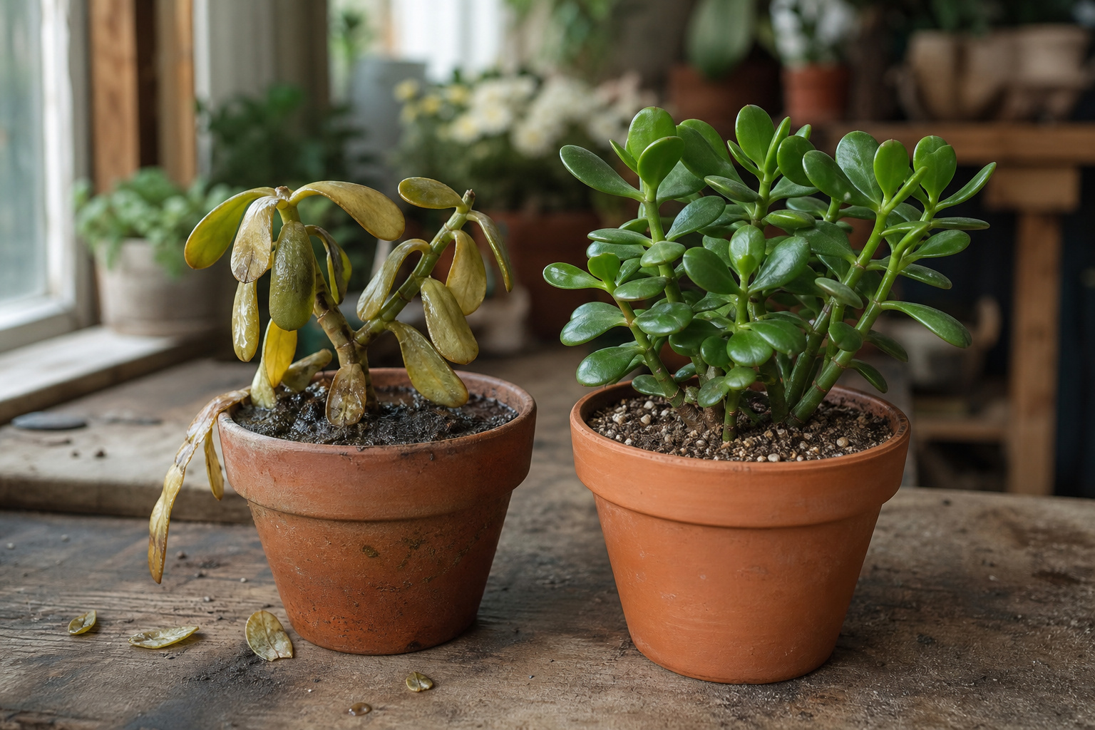 Two jade plants side by side on a wooden bench, one healthy and one with mushy translucent leaves from overwatering