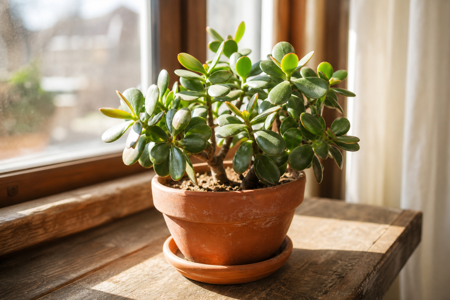 A jade plant in a terra cotta pot sitting on a wooden windowsill in bright direct sunlight