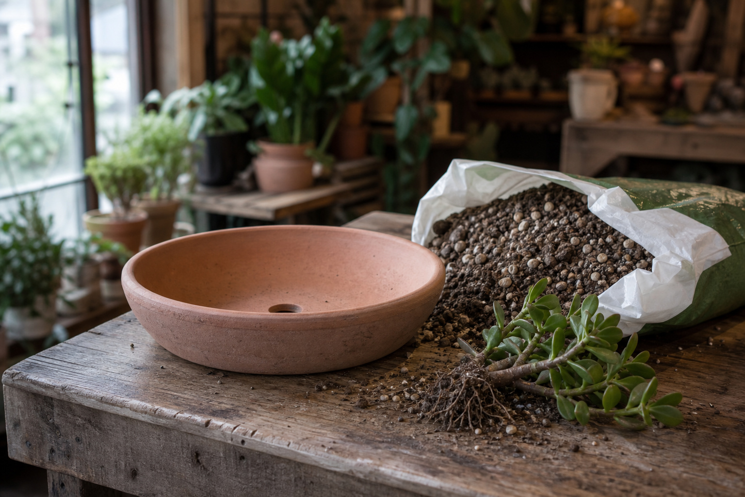 A wide low terra cotta pot beside a bag of cactus and succulent potting mix on a wooden bench