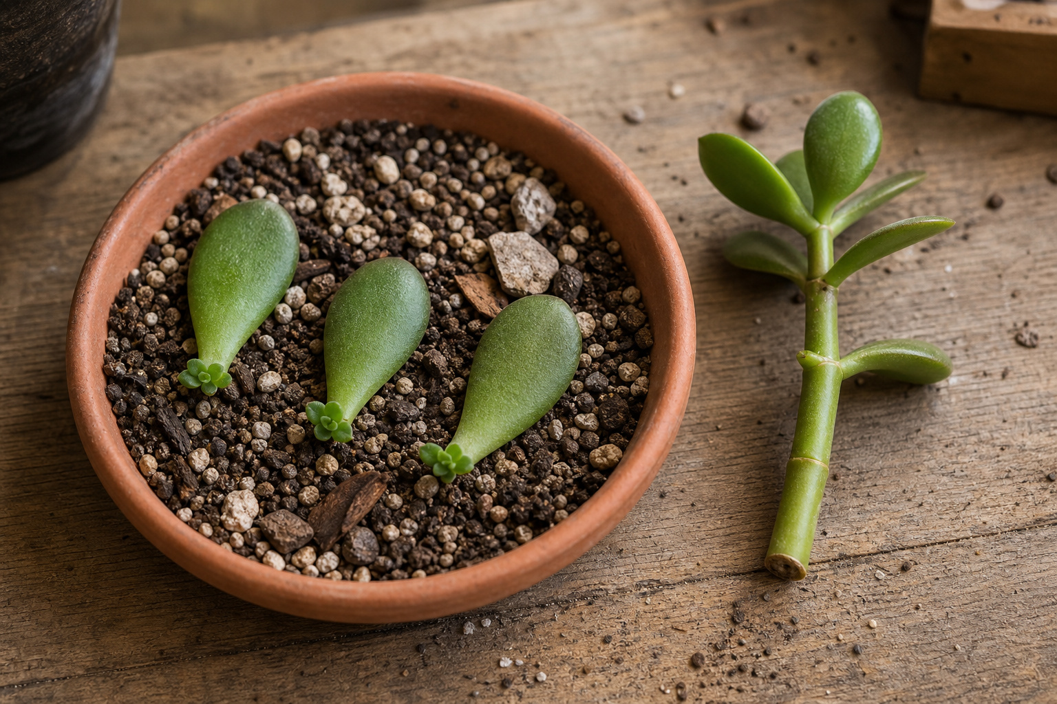 Three jade plant leaves laid on dry cactus mix with tiny new rosettes forming at the base of each