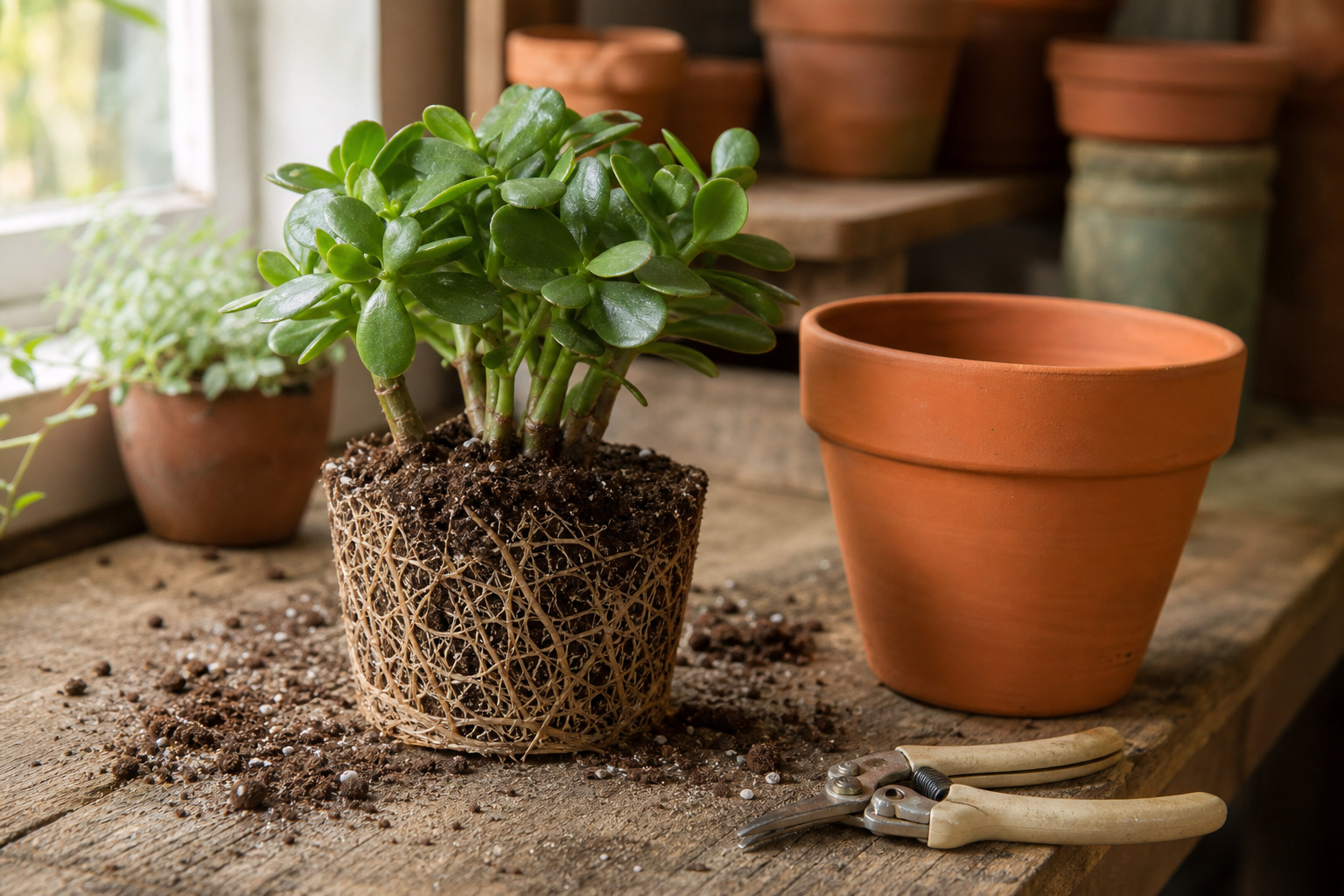 A jade plant lifted out of its pot showing healthy tan-and-white root system on a wooden bench
