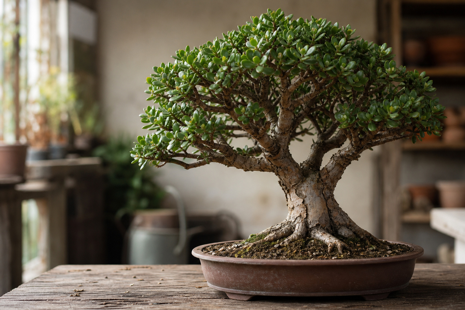 A mature jade plant trained in bonsai style with a thick exposed trunk and a sculpted canopy in a shallow ceramic tray