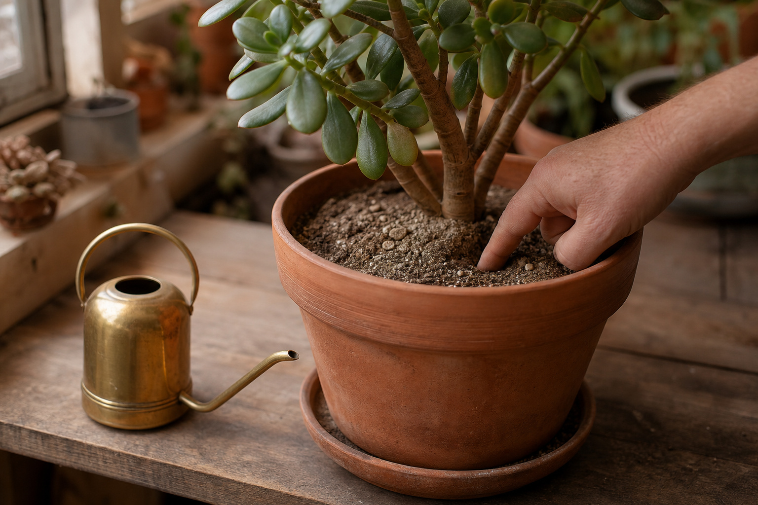A hand checking the dryness of cactus soil in a terra cotta pot with a jade plant