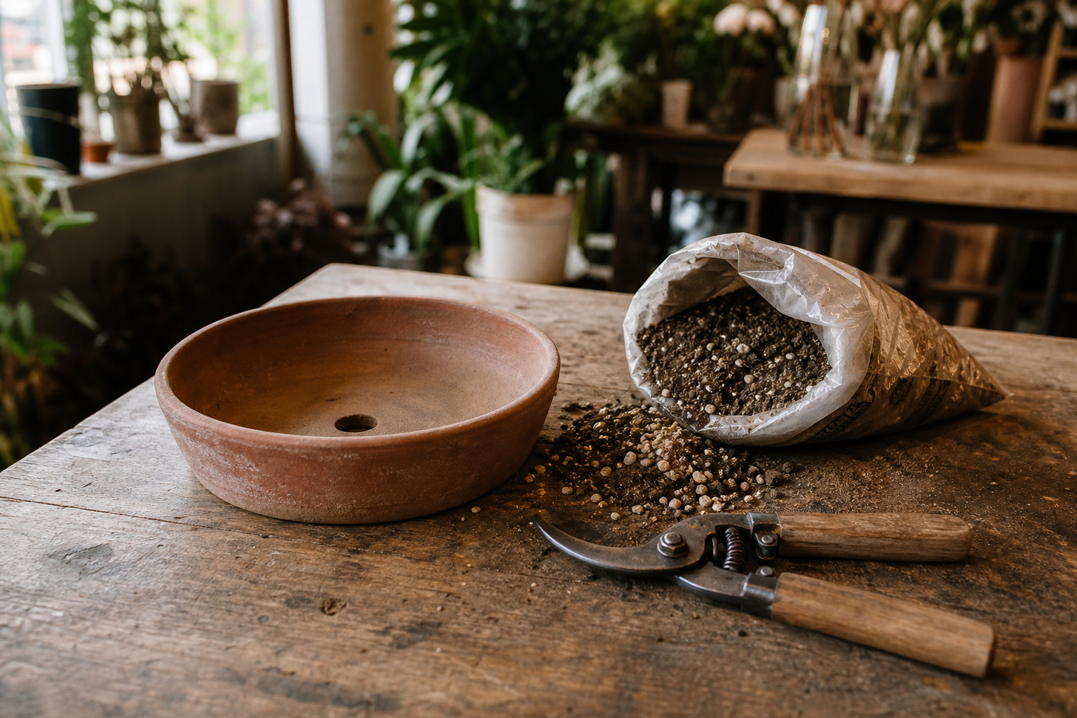 A wide terra cotta pot, a bag of cactus mix, and a pair of bypass pruning shears arranged on a wooden bench