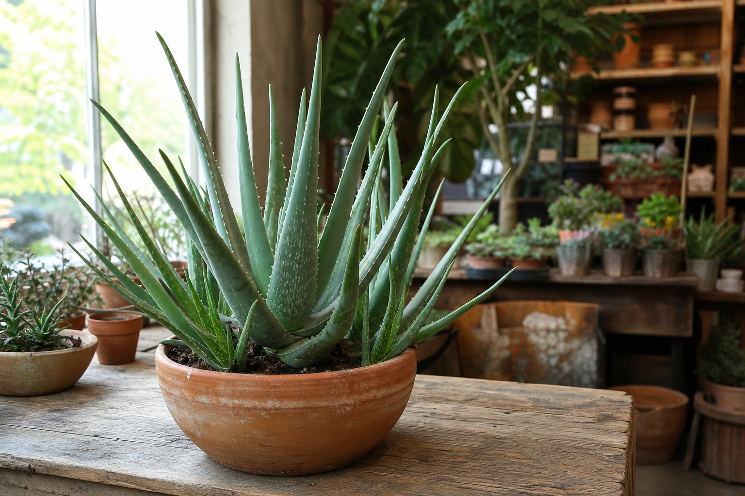 A mature aloe vera plant with thick blue-green spiky leaves in a wide terra cotta pot on a sunlit florist's workbench