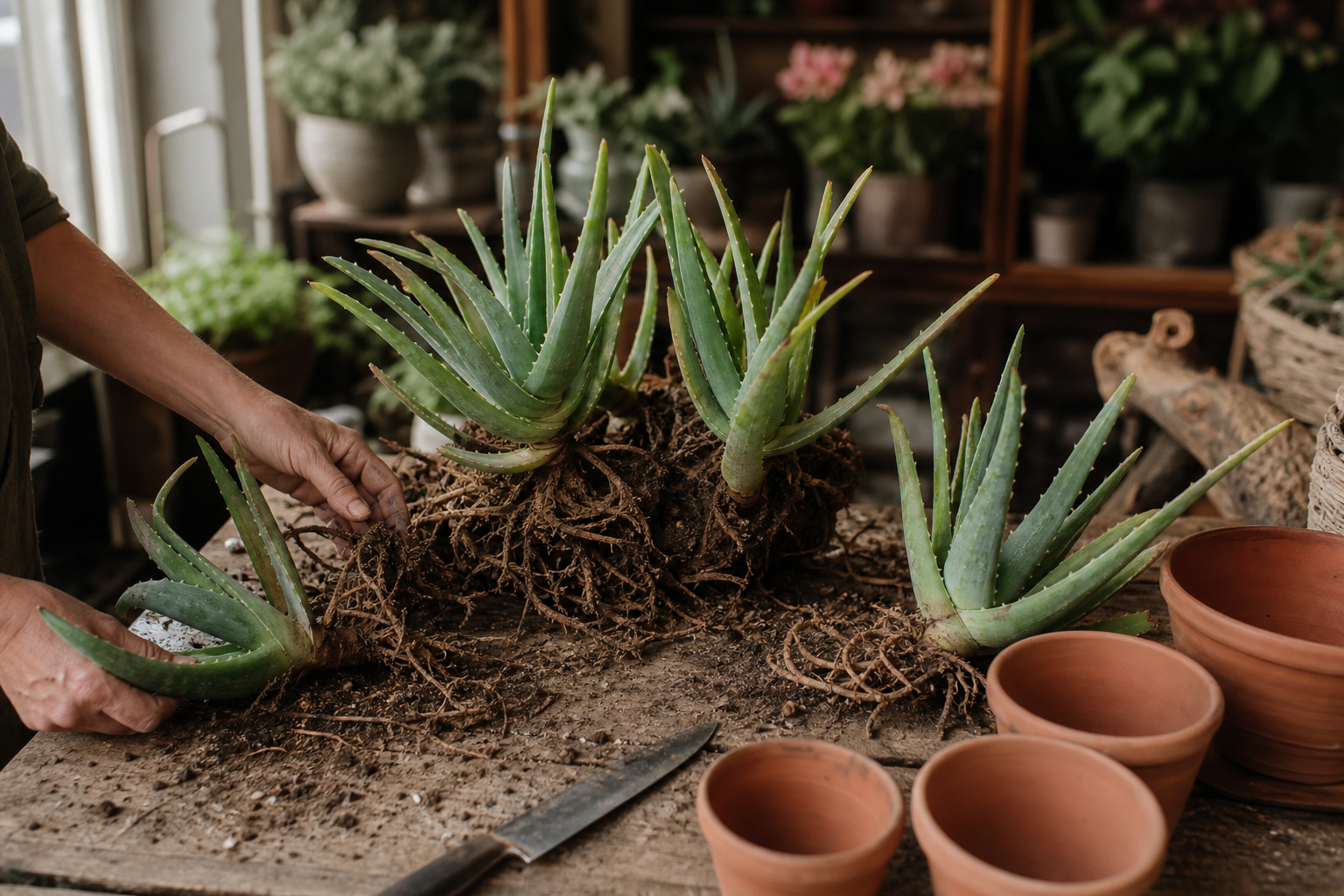 A tangled rootbound clump of aloe vera plants being separated by hand into individual plants on a wooden bench