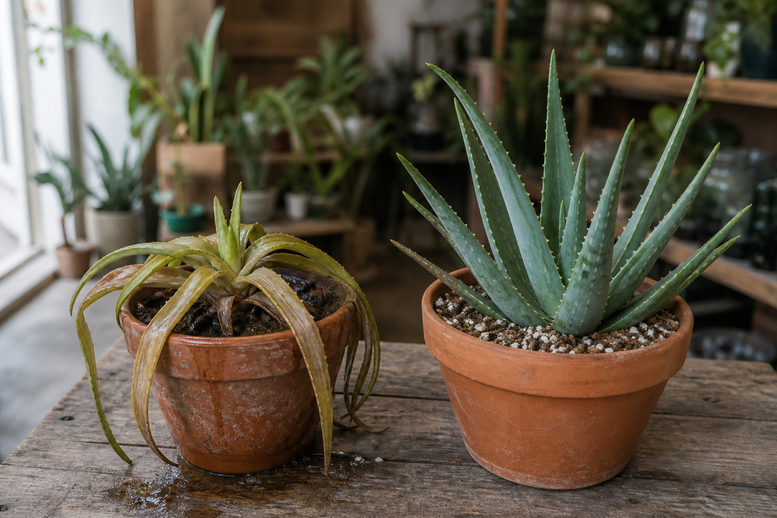 Two aloe vera plants side by side on a wooden bench, one healthy and one with mushy yellowing leaves from overwatering