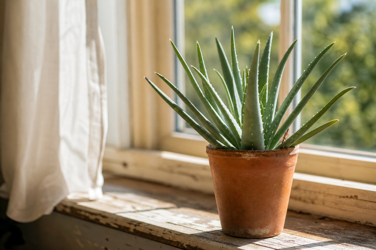 An aloe vera plant in a terra cotta pot sitting on a wooden windowsill in bright direct sunlight