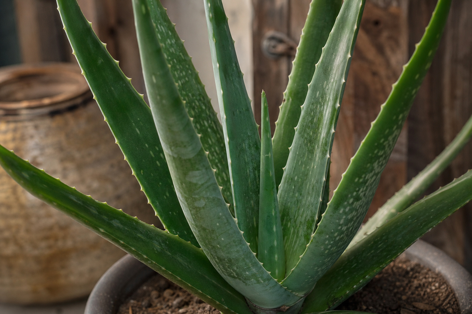 Close-up of an aloe vera plant rosette showing thick fleshy blue-green leaves with white speckling