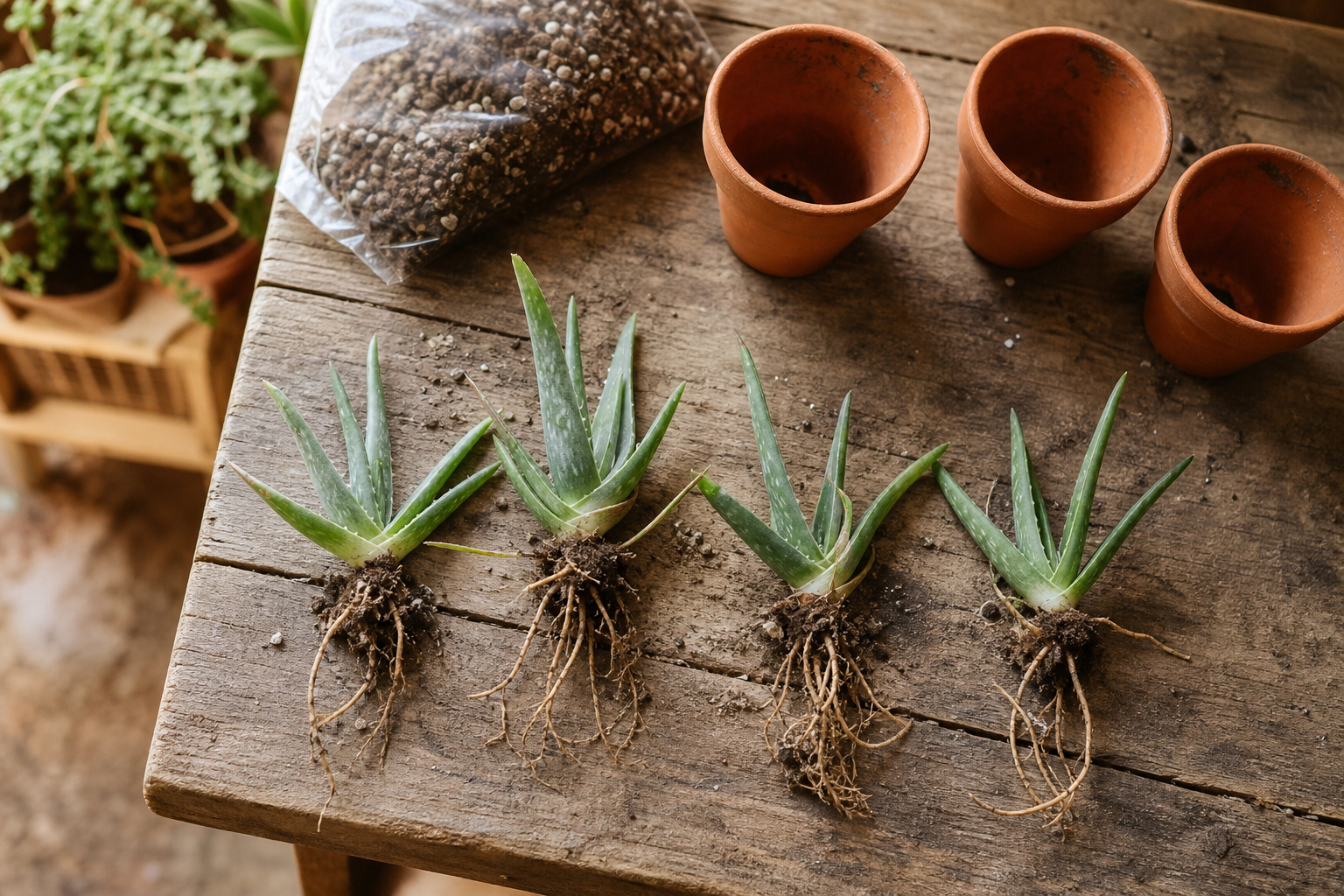 Several small aloe vera pups separated from a mother plant arranged on a wooden bench with small terra cotta pots ready