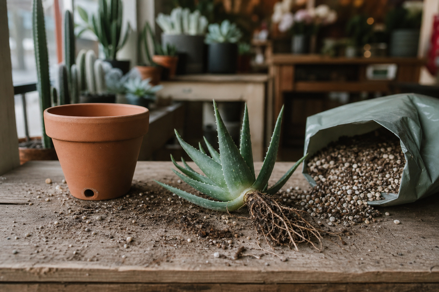 A terra cotta pot, a bag of cactus mix, and a young aloe vera plant ready to be potted on a wooden bench