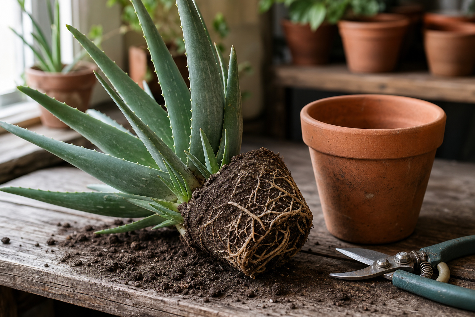 An aloe vera plant lifted out of its pot showing a healthy root system and small pups on a wooden bench