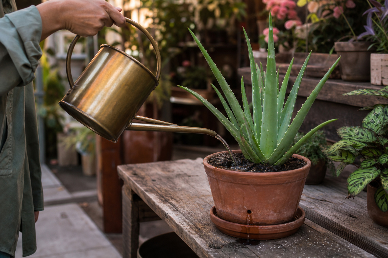 Water being poured into a terra cotta pot holding an aloe vera plant from a long-spout watering can