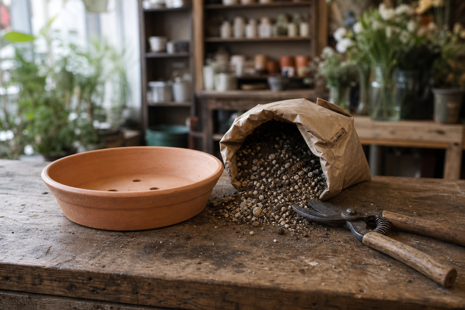A wide terra cotta pot, a bag of cactus mix, and a pair of bypass pruning shears arranged on a wooden bench
