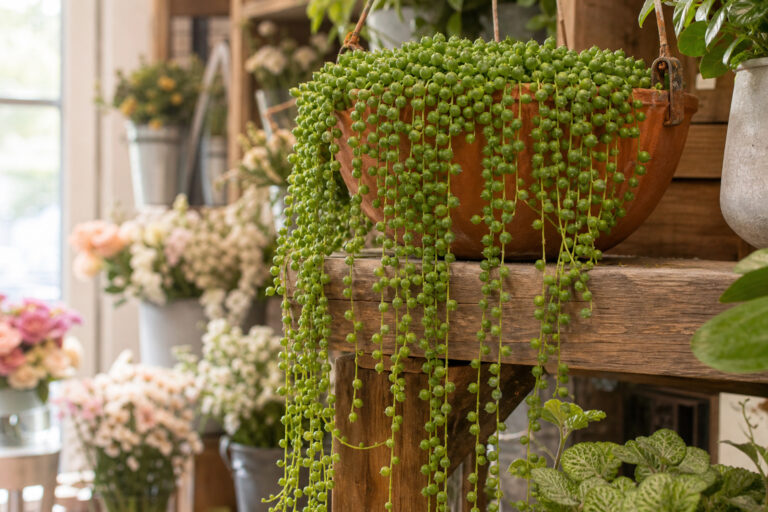 String of pearls plant with long trailing strands in a terra cotta pot on a wooden shelf