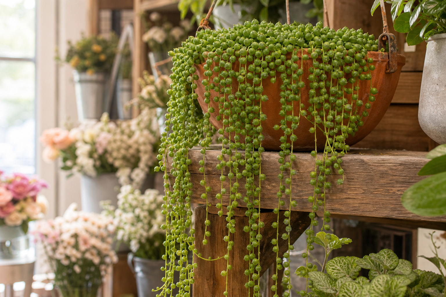 String of pearls plant with long trailing strands in a terra cotta pot on a wooden shelf