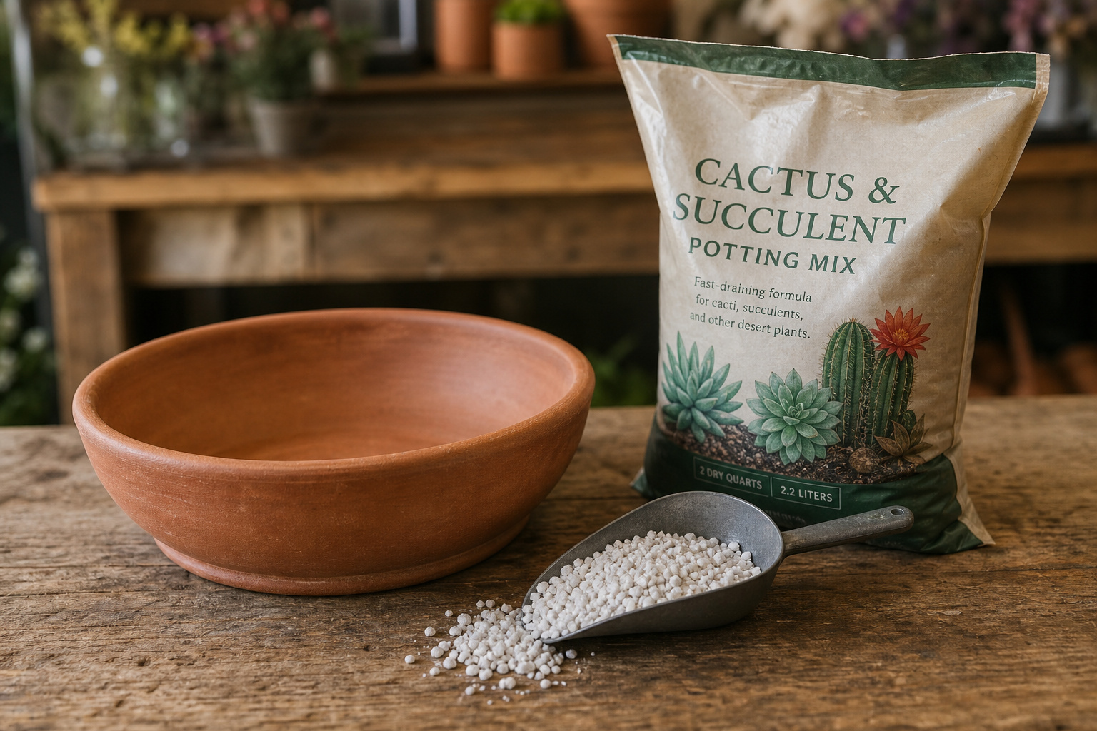 Wide shallow terra cotta pot, cactus mix bag, and perlite on a wooden bench