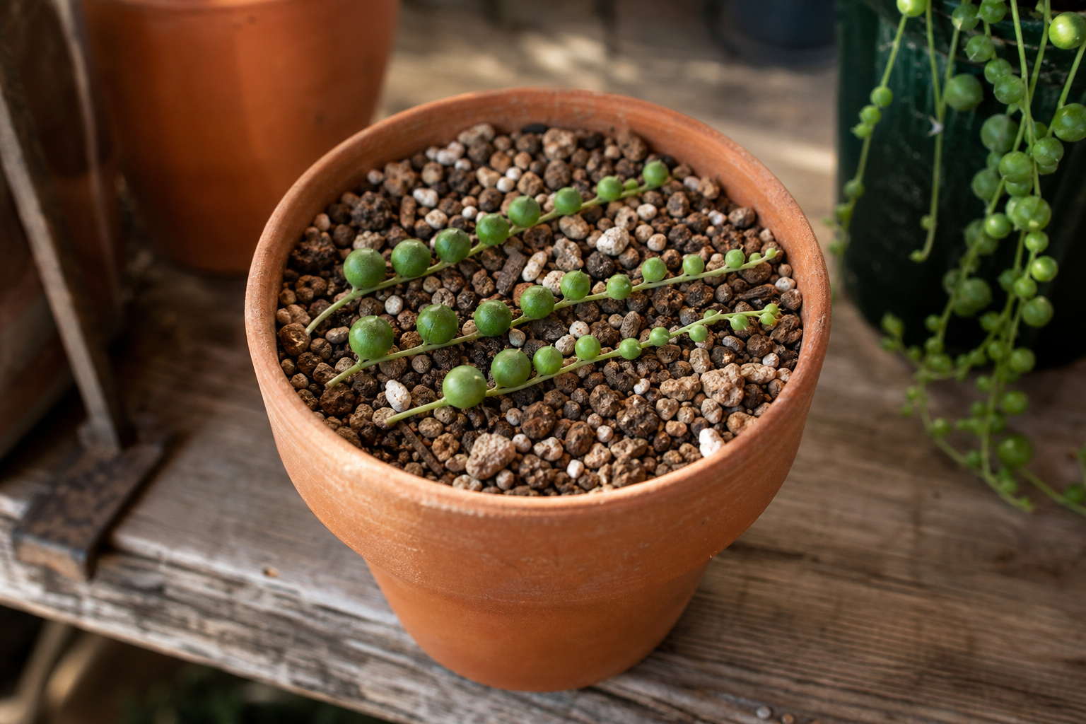String of pearls stem cuttings laid on dry cactus mix for propagation on a wooden bench