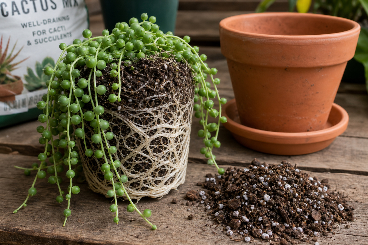 String of pearls root ball lifted from pot with a new terra cotta pot and cactus mix on a wooden bench