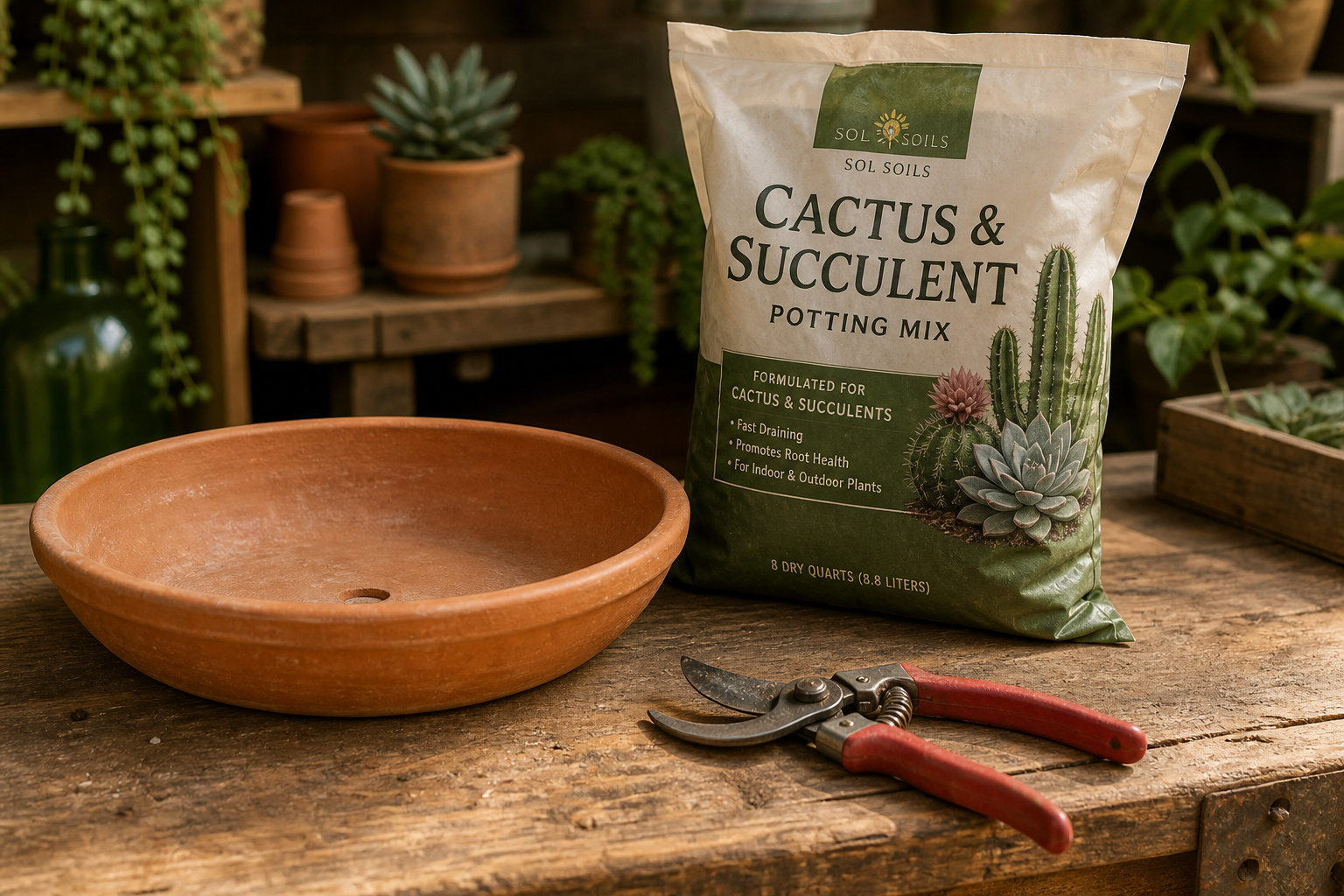 Terra cotta pot, cactus potting mix, and bypass pruning shears on a wooden bench