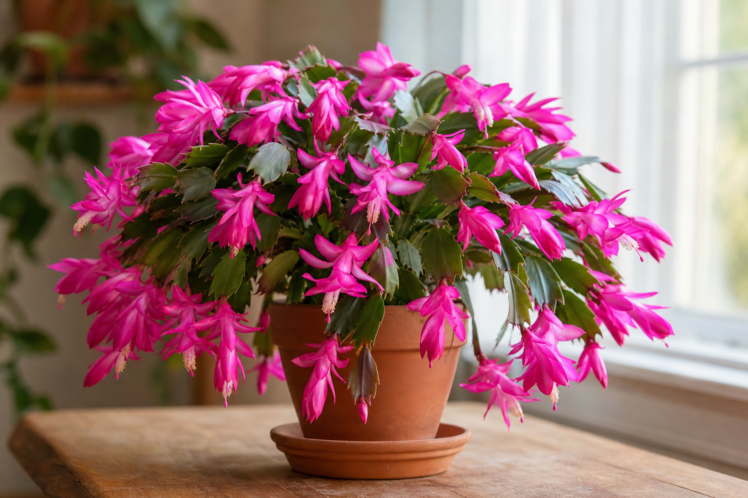 A Christmas cactus in full bloom with magenta-pink flowers in a terra cotta pot on a wooden surface near a bright window