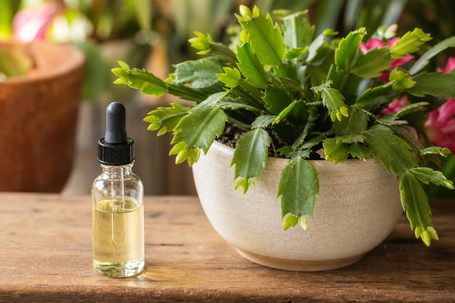 A small bottle of liquid succulent fertilizer next to a Christmas cactus with fresh green new growth on a wooden surface