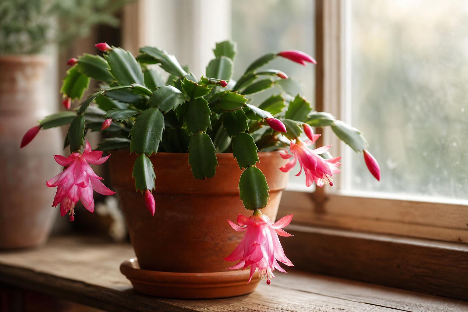 A Christmas cactus in a terra cotta pot on a north-facing windowsill with bright indirect natural light
