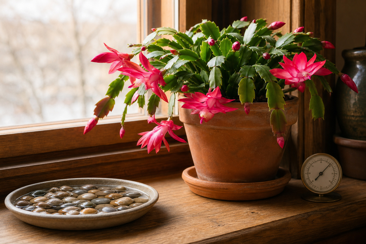 A Christmas cactus in a terra cotta pot on a windowsill with a small thermometer showing 65 degrees Fahrenheit and a shallow pebble humidity tray nearby