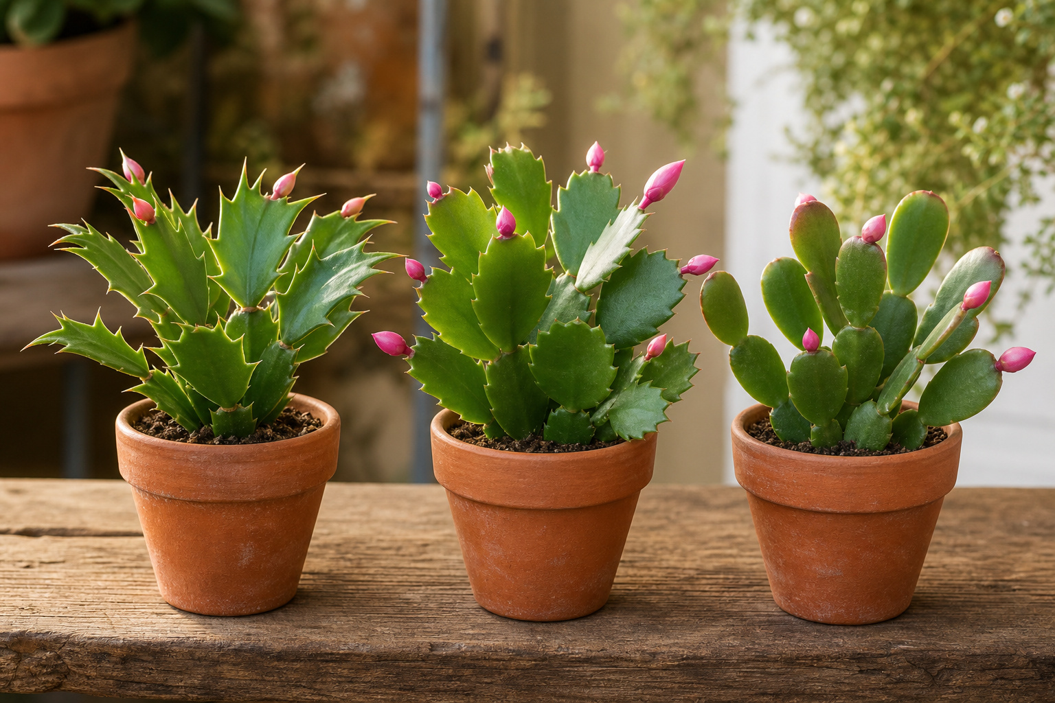 Three small holiday cactus plants side by side on a wooden bench showing different leaf segment shapes for Thanksgiving, Christmas, and Easter cactus