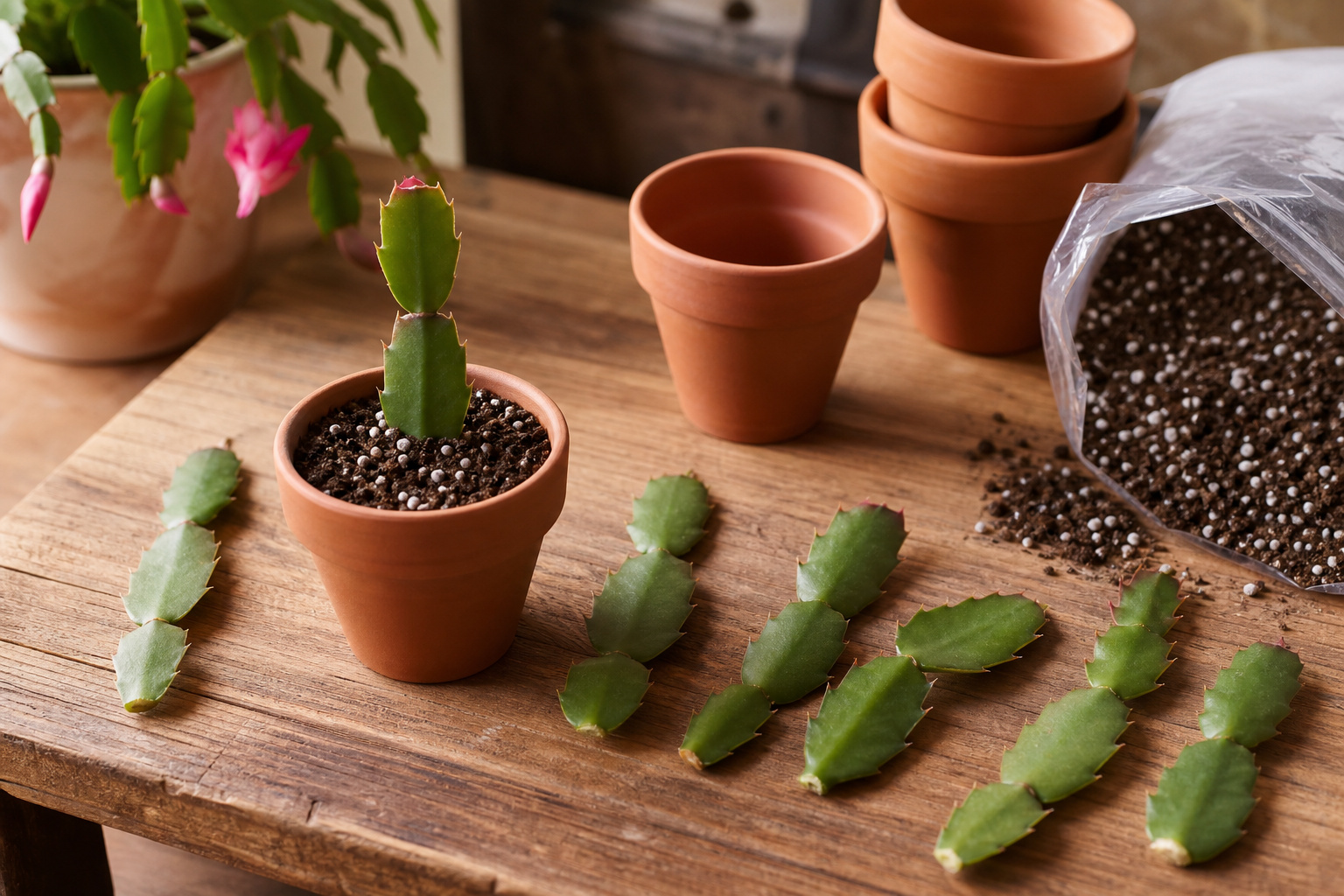 Several Christmas cactus stem cuttings of two to three segments each laid out on a wooden bench next to small terra cotta pots and a bag of cactus soil mix