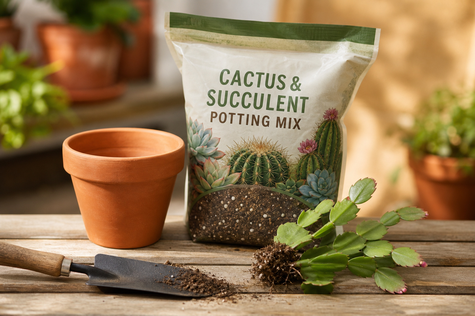 A terra cotta pot, a bag of cactus and succulent potting mix, and a small Christmas cactus cutting on a wooden bench ready for repotting