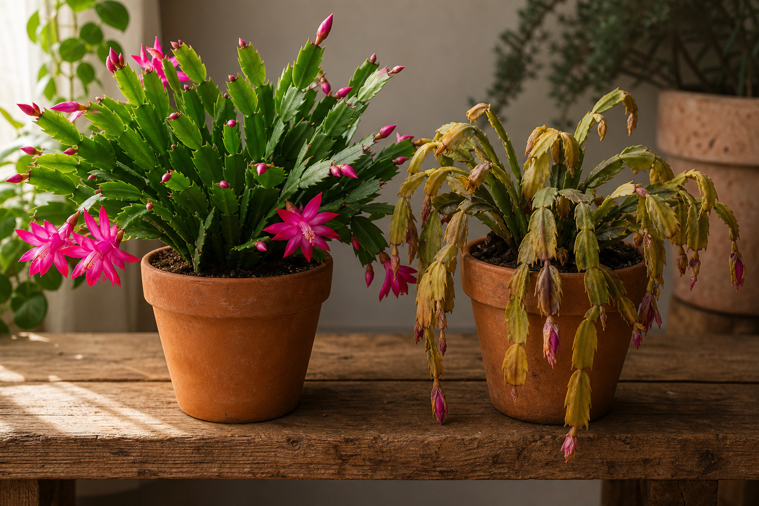 Two Christmas cactus plants side by side on a wooden bench, one healthy with firm green segments and one showing yellowing wilted stem segments from overwatering