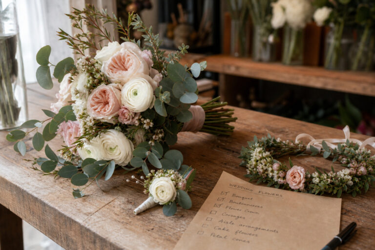 Wedding flower checklist items laid out on a florist worktable including bridal bouquet, boutonniere, and flower crown