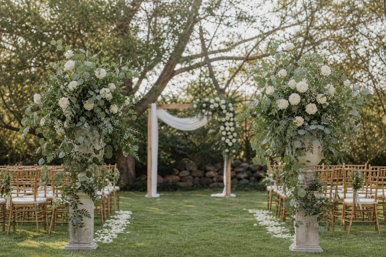 Outdoor wedding ceremony with floral arch and altar arrangements flanking the aisle