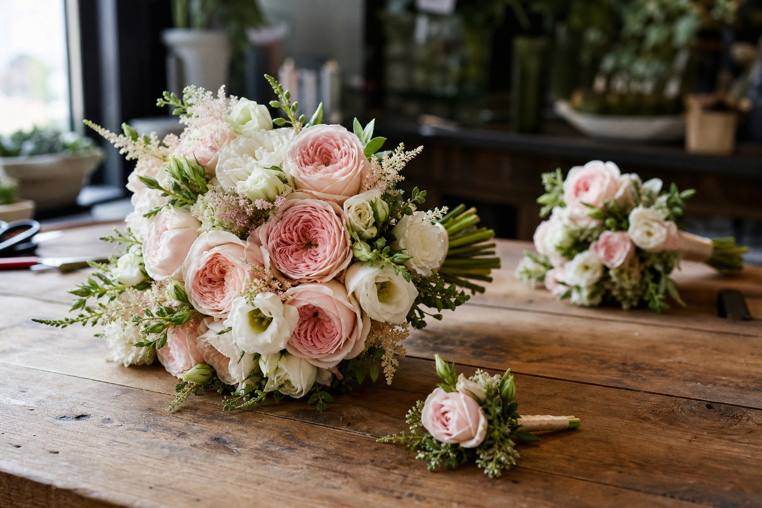 Bridal bouquet, boutonniere, and bridesmaid bouquet arranged on a florist worktable