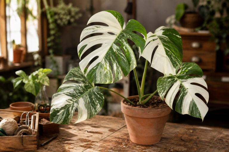 Monstera Albo Borsigiana with variegated white and green leaves on a wooden florist's worktable