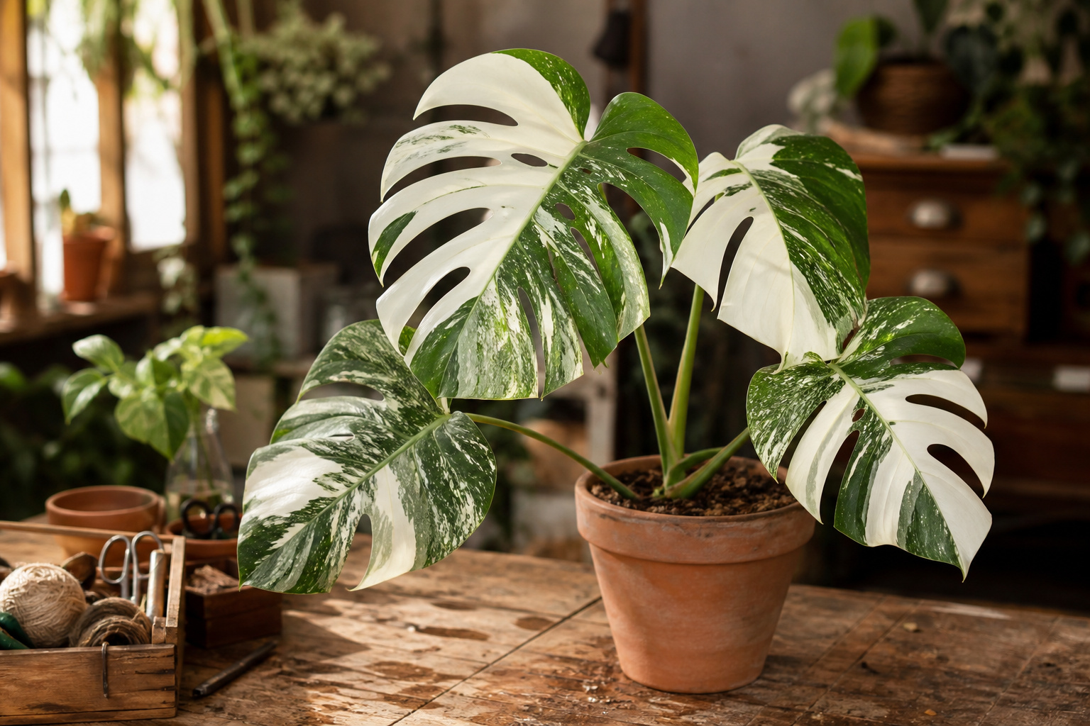 Monstera Albo Borsigiana with variegated white and green leaves on a wooden florist's worktable