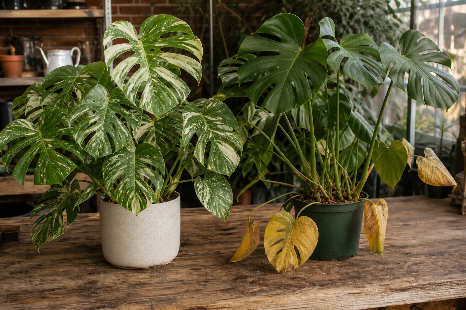 Overwatered Monstera plant with yellowing leaves next to a healthy variegated Monstera