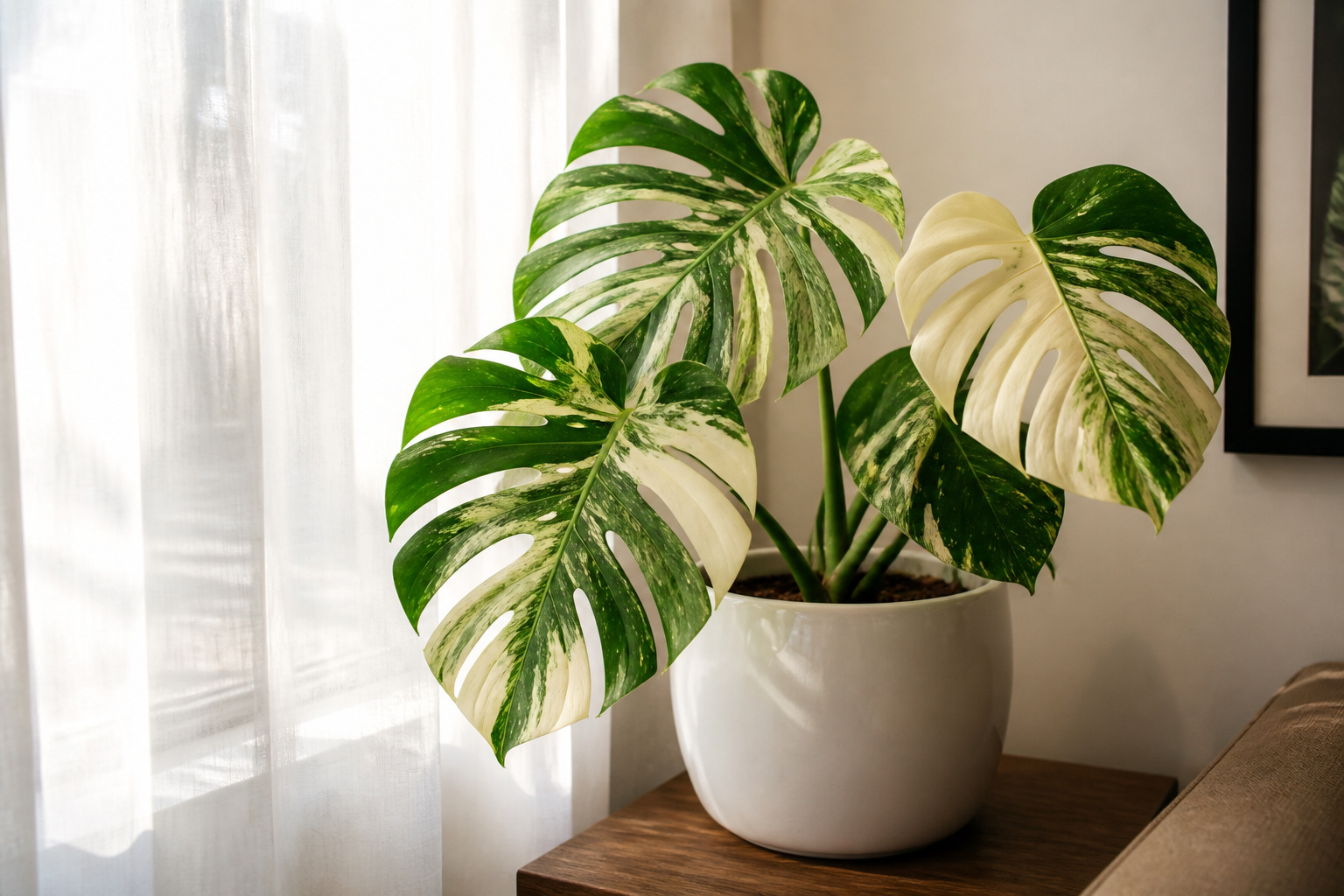Monstera Albo Borsigiana in bright indirect light near a window with sheer curtain