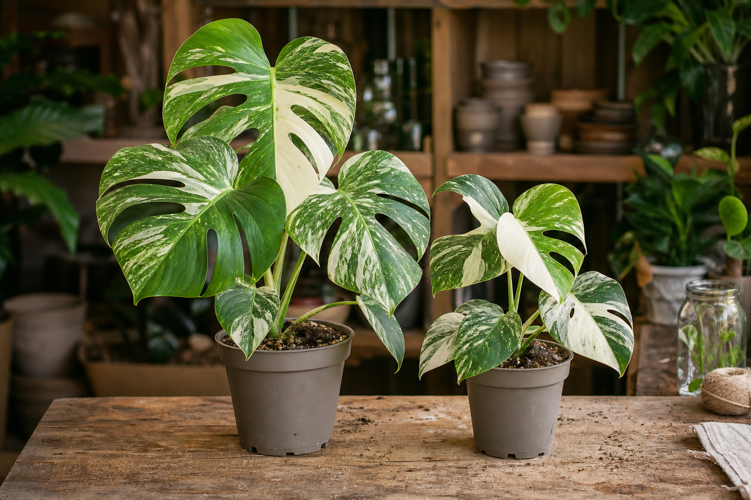 Two variegated Monstera plants side by side showing different variegation patterns on a wooden bench