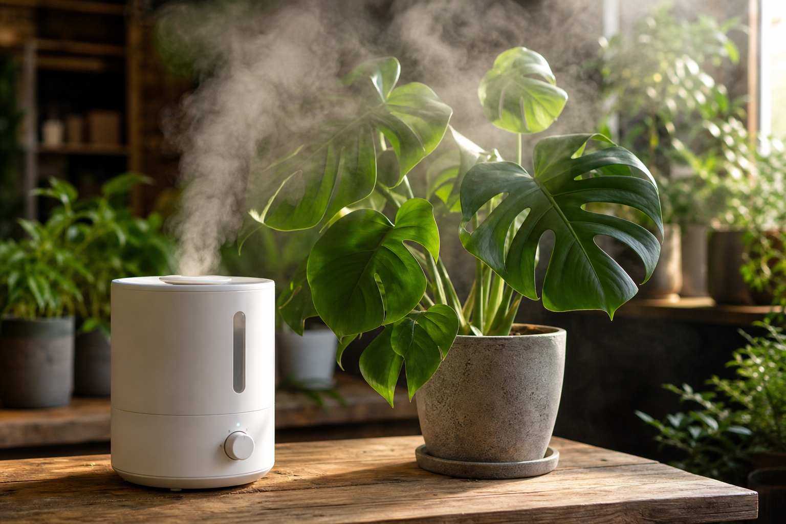 Small humidifier next to a Monstera plant on a wooden surface