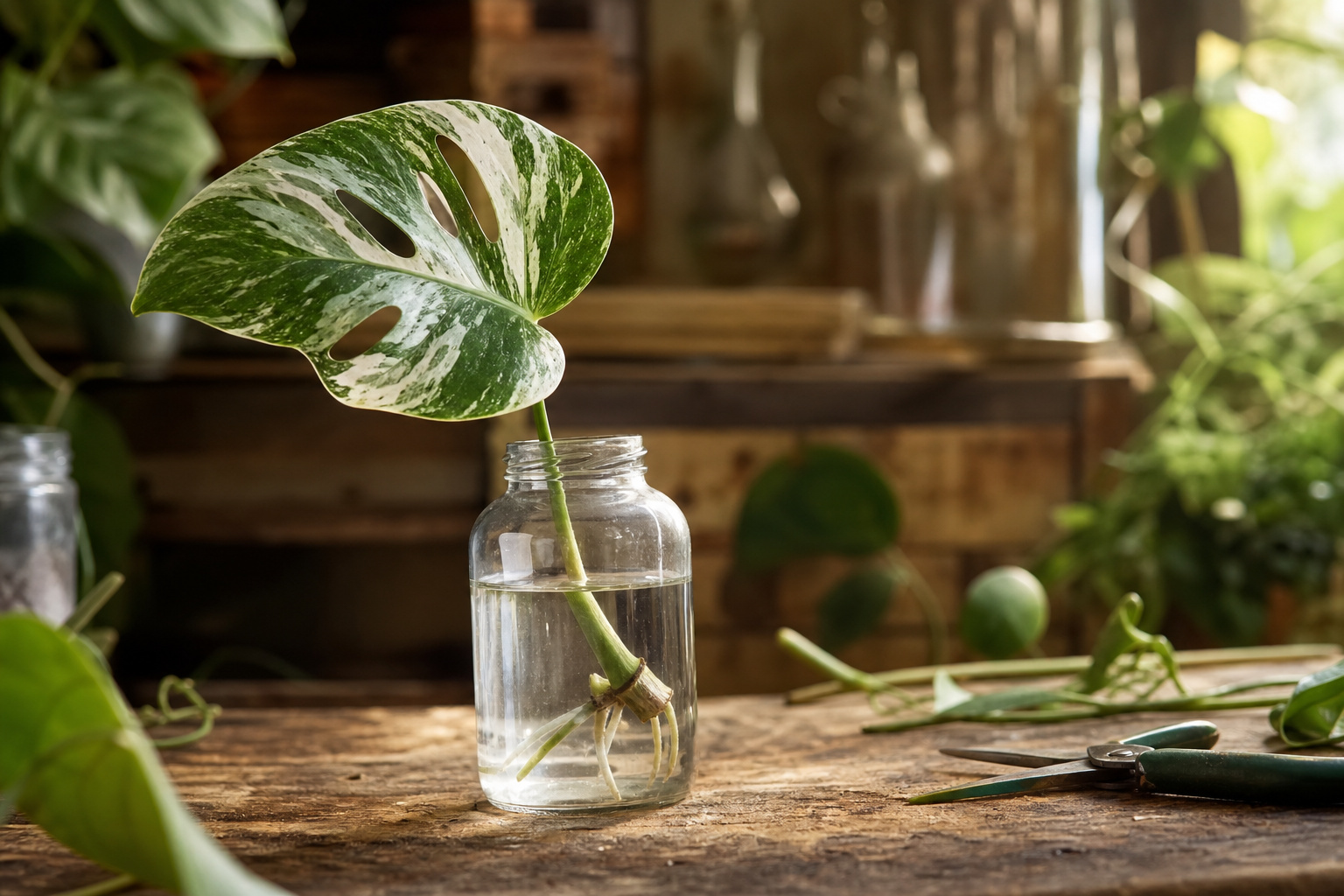 Monstera Albo stem cutting rooting in a glass jar of water on a wooden surface