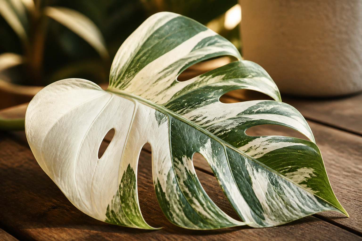 Close-up of Monstera Albo Borsigiana leaf showing white variegation and fenestrations