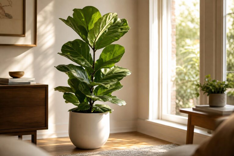 Large fiddle leaf fig near a bright window with morning light on its dark green leaves