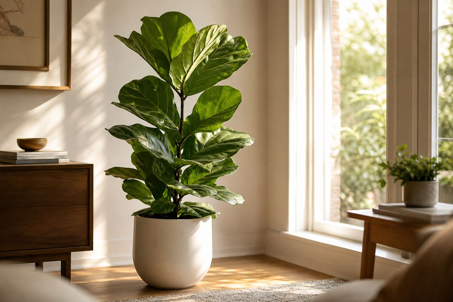Large fiddle leaf fig near a bright window with morning light on its dark green leaves