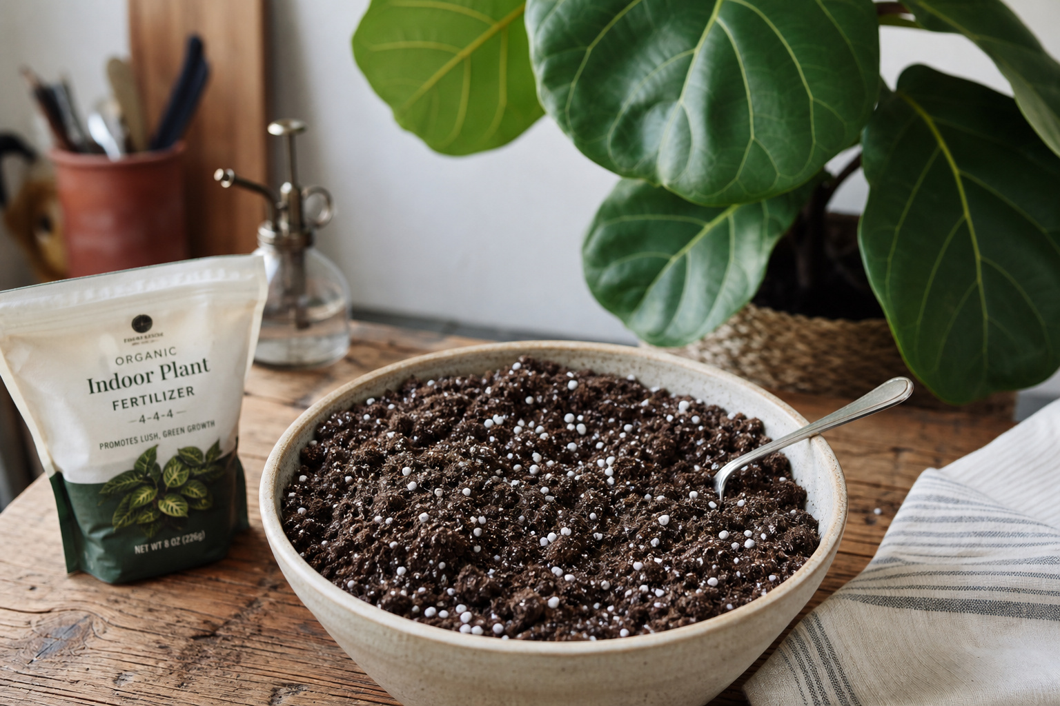 Well-draining potting mix with perlite in a bowl next to a fiddle leaf fig