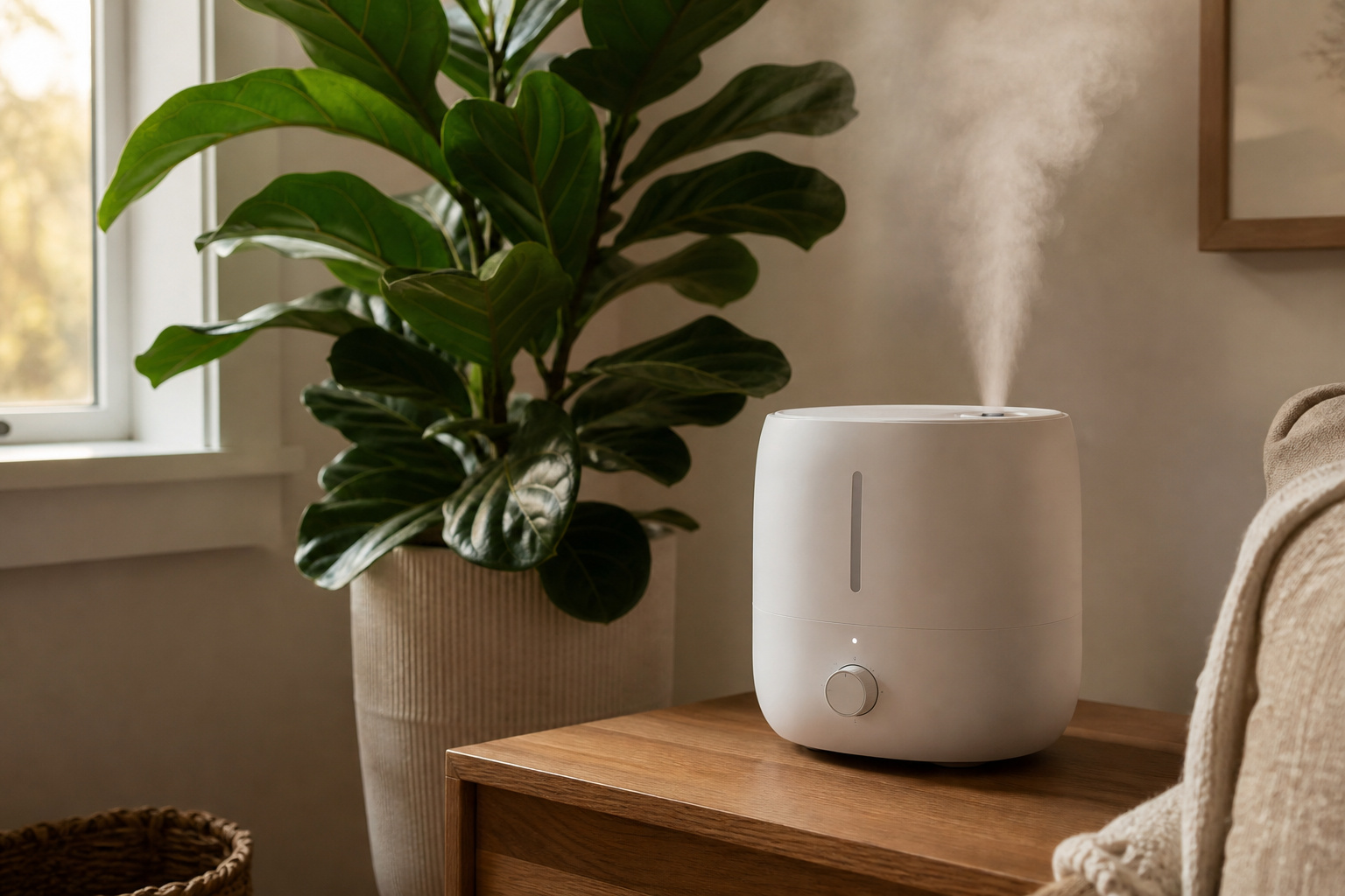 Small humidifier running near a fiddle leaf fig plant on a wooden surface