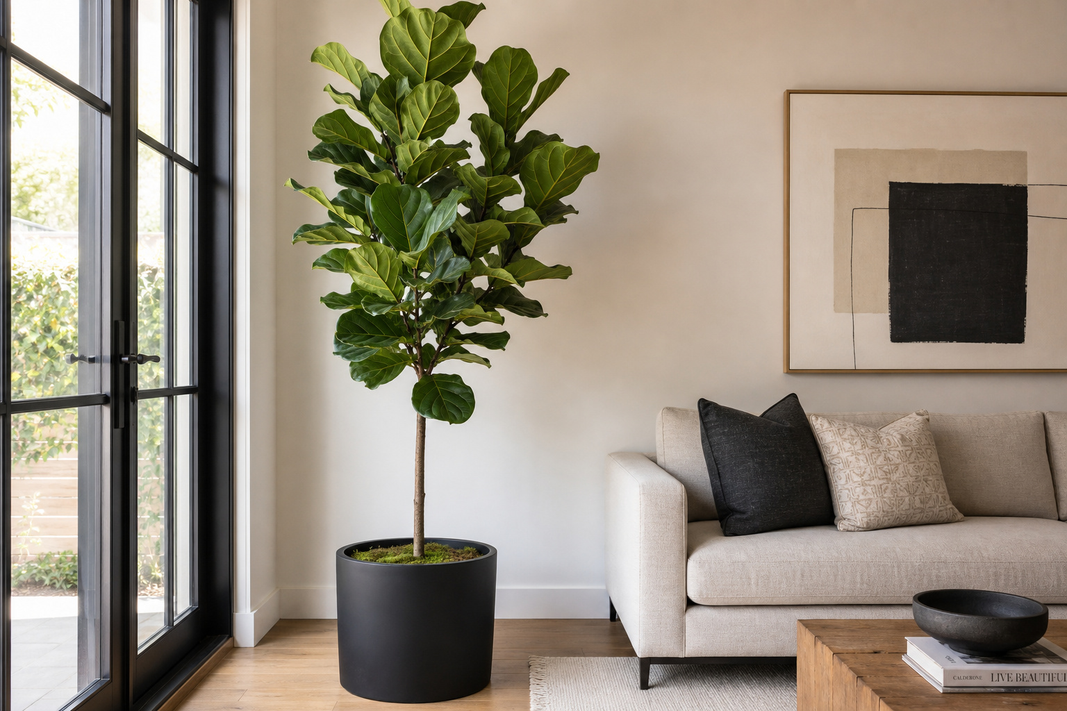Tall fiddle leaf fig styled as a room focal point in a modern living room with neutral decor