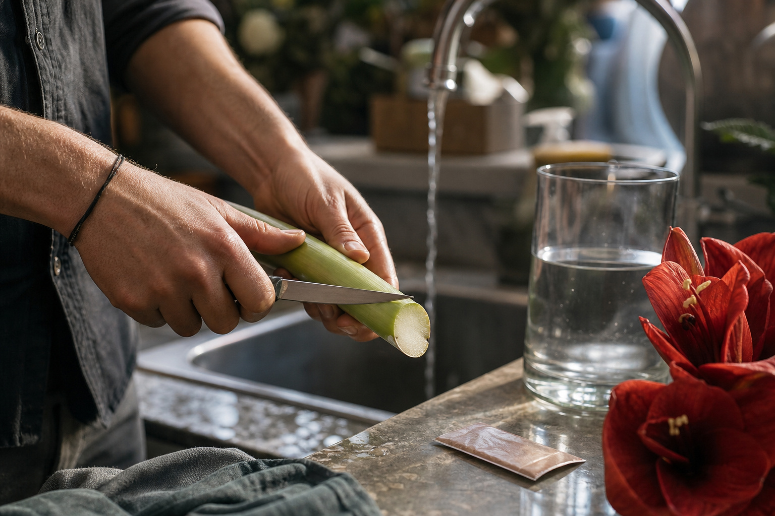 Florist re-cutting an amaryllis stem before placing it in fresh water with flower preservative